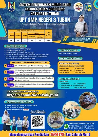 SPMB 2026/2027 RESMI DIBUKA! - Saatnya Bergabung dengan UPT SMP Negeri 3 Tuban "Unggul, Religius, Peduli dan Berbudaya Lingkungan”