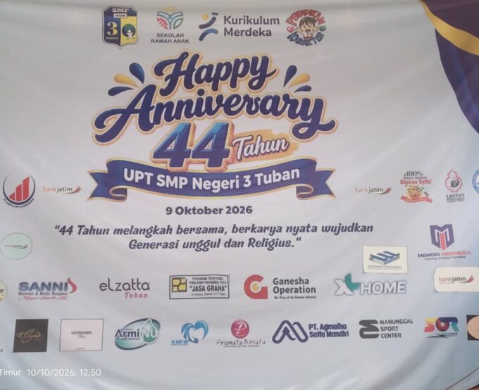 UPT SMPN 3 Tuban Rayakan HUT ke-44 dengan Merajut Tradisi, Menginspirasi Masa depan lewat semangat kebersamaan Alumni, hingga Jalan Sehat Bertabur Doorprize.